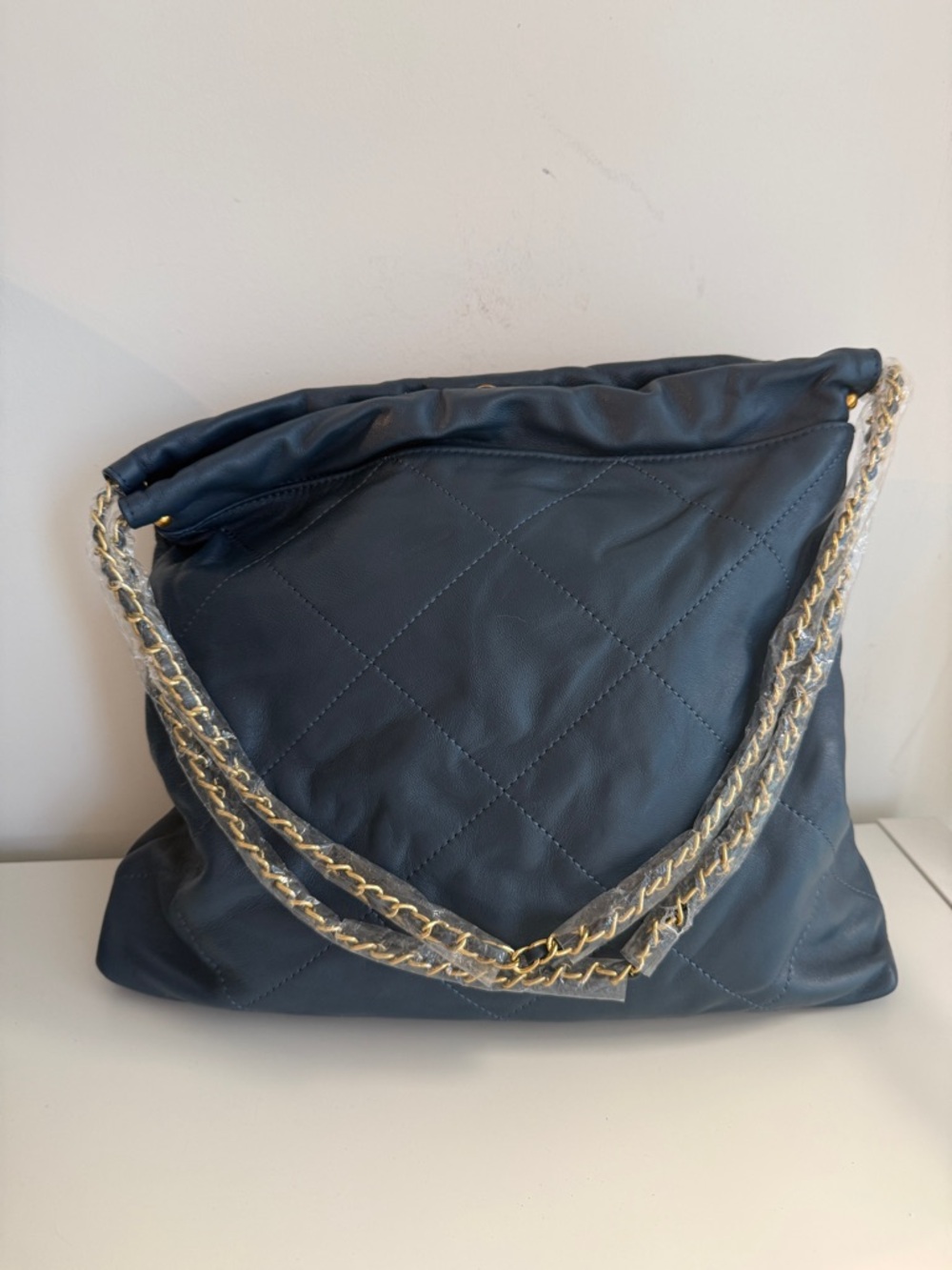 Navy Quilted Leather Shoulder Bag with Gold Chain Strap